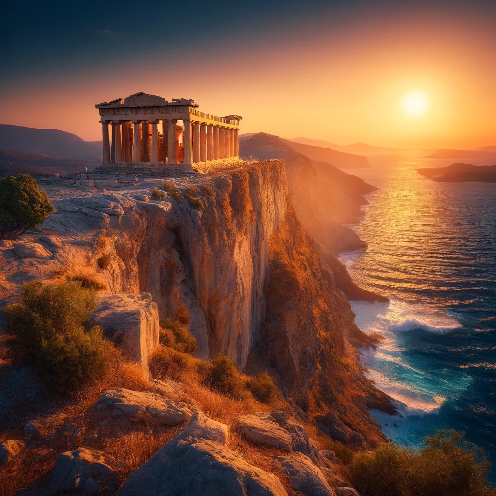 An ancient Greek temple perched on the edge of a steep cliff overlooking the deep blue Aegean Sea. The temple's marble columns gleam in the golden lig
